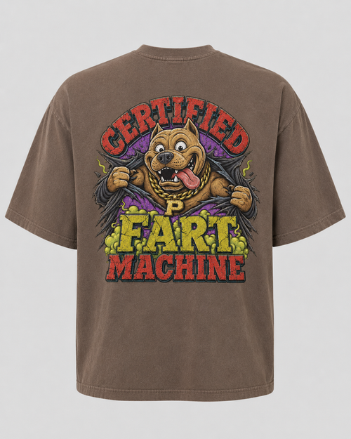 Certified Fart Machine heavyweight garment-dyed tee in mocha, front with distressed GOOFYPITS chest logo