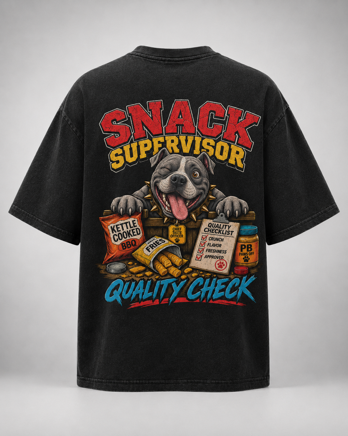 Snack Supervisor heavyweight garment-dyed tee, front with distressed GOOFYPITS chest logo