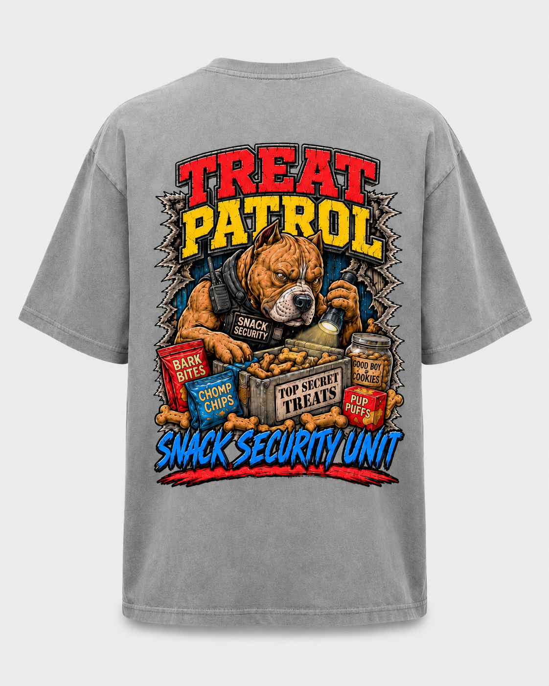 Treat Patrol heavyweight garment-dyed tee in cement, front with distressed GOOFYPITS chest logo