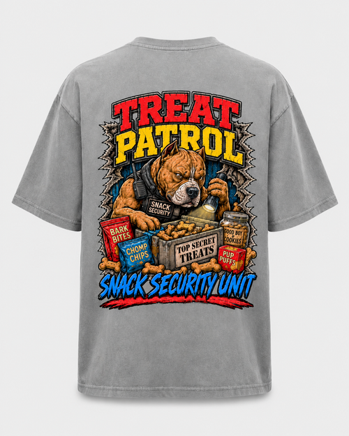 Treat Patrol heavyweight garment-dyed tee in cement, front with distressed GOOFYPITS chest logo