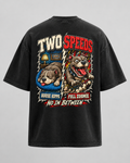 Two Speeds heavyweight garment-dyed tee in washed black, front with distressed GOOFYPITS chest logo